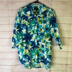 Investments Multi Coral Floral 3/4 Sleeve Button‎ Down Blouse Size 12